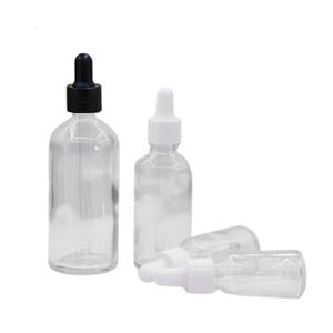 Bouteille d'huile essentielle compte-gouttes en verre transparent bouchon blanc couvercle noir vide voyage emballage cosmétique rechargeable flacons de remplissage de pipette 5 ml 10 ml m15 ml 20 ml 30 ml 50 ml 100 ml