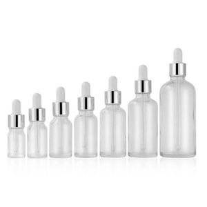 Botellas de perfume de aceite esencial de vidrio transparente Botella de cuentagotas de pipeta de reactivo líquido con tapa de plata punta blanca superior 5-100ml Qvlwt
