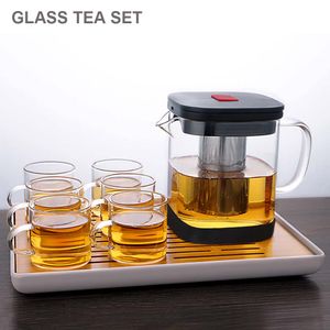 Juego de tazas de té de tetera de vidrio transparente Frasco de vidrio Squar resistente al calor Infusor Puer Oolong Hervidor Taza de té de oficina con asa