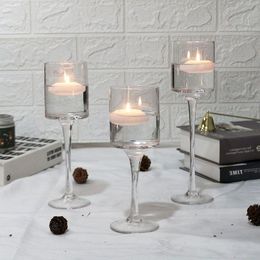 Clear Glasseam Lang stengelglas Kristal Tealight zwevende lange kaarsenhouders 3 maat Zet tafel middelpunt voor bruiloft Home Decor QWADV