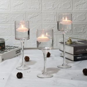 Duidelijke Glasseam Lang stengelglas Kristal Tealight Drijvende lange kaarsenhouders 3 Maat Set tafel middelpunt voor bruiloft Home Decor GCJSI