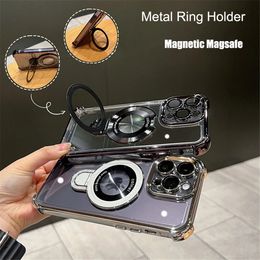 Capa de telefone magnética transparente para MagSafe com suporte de metal para iPhone 15 11 12 13 14 Pro Max Plus revestimento de luxo quatro cantos capa anti-queda