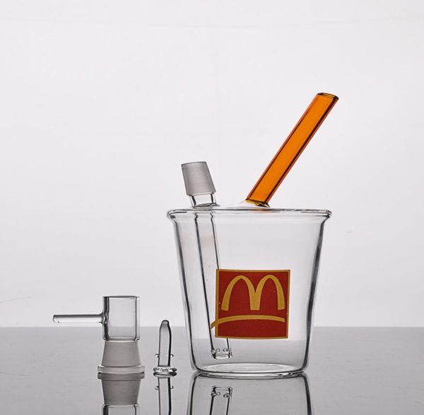 Tasse McDonald transparente avec narguilé à tige basse, plate-forme pétrolière en verre avec dôme de joint de 14 mm et clou 3552467