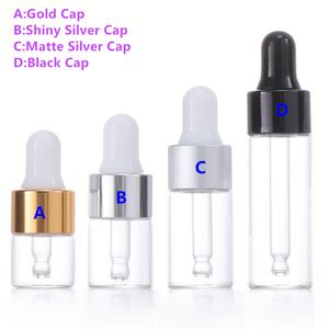 Mini botellas transparentes de vidrio de aceite esencial para muestras de botellas cuentagotas cosméticas 1 ml 2 ml 3 ml 5 ml con tapa negra plateada dorada