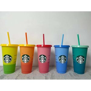 Duidelijke mok herbruikbaar 24oz/710 ml Classic Color Cup Plastic Lid Strawbekers S S