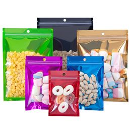 Sac en aluminium Mylar en plastique transparent, avec trou de suspension, fermeture éclair, pochettes d'emballage de stockage réutilisables pour collations alimentaires