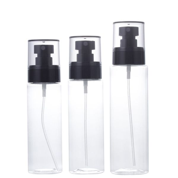 Bouteille en plastique transparente à épaule plate, pompe noire en PET avec couvercle noir Transparent, emballage cosmétique rechargeable portable, bouteilles de pulvérisation de brume 100ml 120ml 150ml