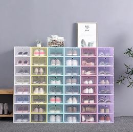 Doorzichtige plastic schoenendoos stofdichte sneaker opslag organizer flip transparante hoge hakken dozen snoep kleurstapelschoenen schoenen containers kast