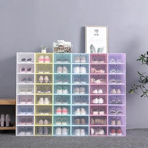 Boîte à chaussures en plastique Transparent, organisateur de rangement de baskets anti-poussière, boîtes à talons hauts transparentes, couleur bonbon, conteneurs de chaussures empilables