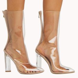 Duidelijke PVC gratis booties Verzenden Women 2019 Half Fashion Sock Boots Chunky Heel Long Sexy Pillage Pointed Tenes Party 34-43 Clear 676