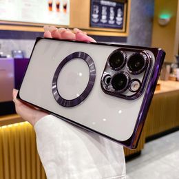 Clear Square Magsafe Magnetic Cases Housse antichoc en TPU souple avec objectif de caméra Protecteur de film en verre Filet anti-poussière anti-rayures pour iPhone 14 13 12 11 Pro Max 14 Plus
