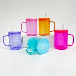 Tazas de café camper de vidrio con sublimación en blanco, transparentes, reciclables, con alto contenido de borosilicato, jalea colorida, 17 oz, con tapas y pajitas de plástico de colores, se venden por caja