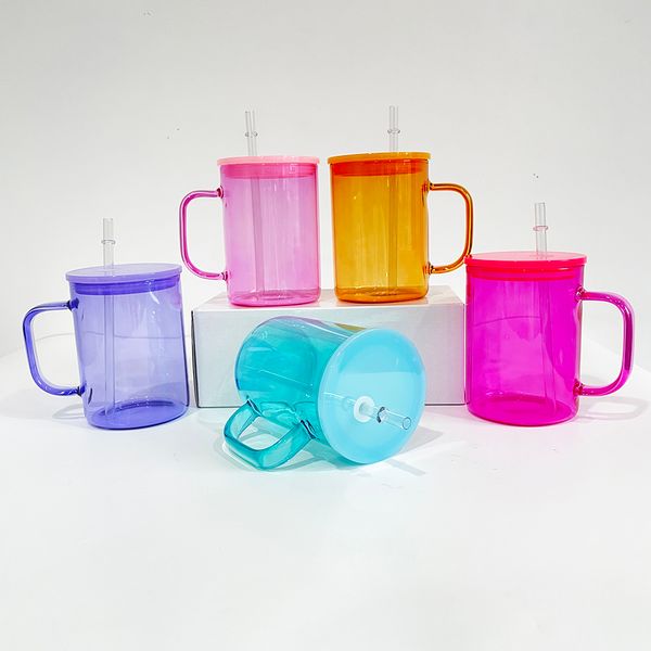 Tazas de café camper de vidrio con sublimación en blanco, transparentes, reciclables, con alto contenido de borosilicato, jalea colorida, 17 oz, con tapas y pajitas de plástico de colores, se venden por caja