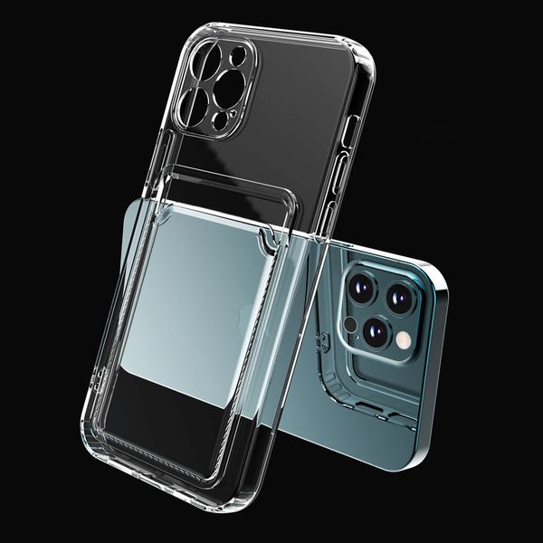 Étui de téléphone avec poche pour cartes, portefeuille transparent pour iPhone 14 13 12 11 Pro Max XS XR X 8 7 Plus SE2020, couverture souple transparente avec fente pour carte de crédit