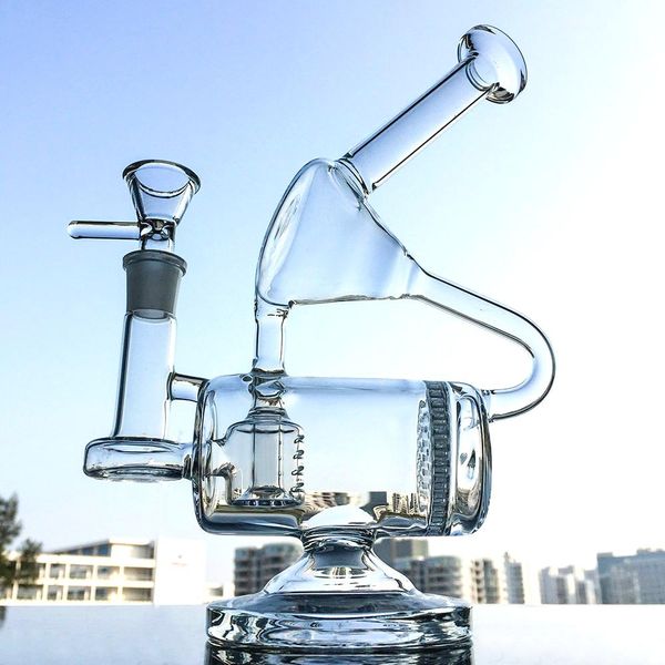 Verre d'eau claire Pipes à eau Narguilés Chambre Recycleur Unique Bongs En Verre Baril En Nid D'abeille Huile Dab Rigs Embouchure Femelle De 14mm Avec Bol WP143