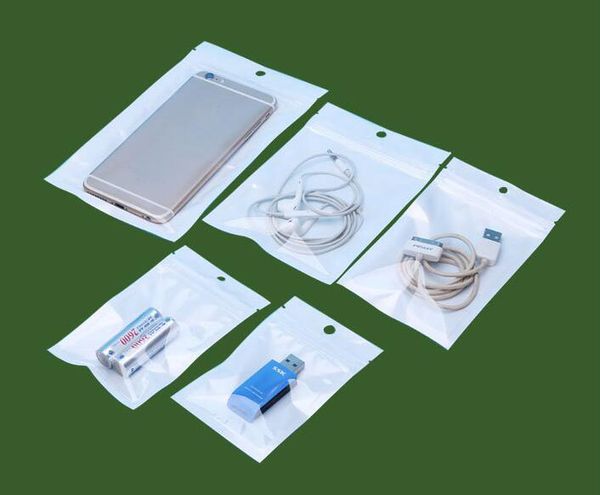 Clear White Pearl Plastic Poly Bags OPP Verpakking Rits Lock Pakket Accessoires PVC Retail Dozen Handgat voor USB Samsung mobiele telefoon