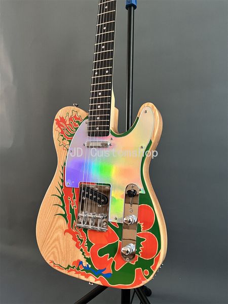 Liquidación Jimmy Page Dragon Guitarra eléctrica de fresno natural Cuerpo de fresno con laca satinada Material refractivo personalizado bajo golpeador transparente Mástil de arce Diapasón de palisandro