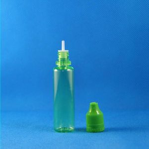 Braderie! 100 Sets / Lot 25 ml LICORNE VERT PET Flacons compte-gouttes en plastique Résistant aux enfants Inviolable Longue pointe fine e Vapeur liquide 2 Qtjk