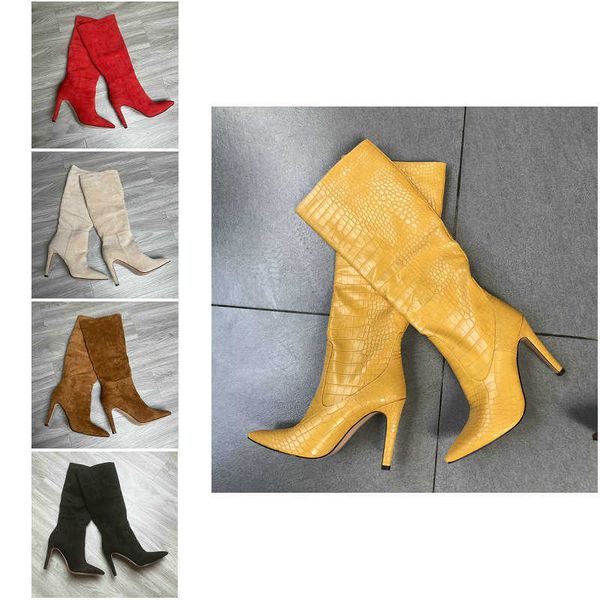 Liquidation-vente marque bout pointu mince genou bottes hautes femme mode Faux cuir impression bottes hautes paresseux mode robe bottes Y0914