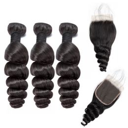 Venta al por mayor Paquetes brasileños de cabello de onda suelta Barato 9A Extensión de cabello humano malasio indio peruano Onda suelta con cierre de encaje 4x4