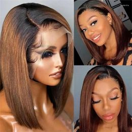 Perruque Bob lisse ombrée 13x1 T, cheveux naturels pré-épilés avec racines noires, couleur marron, liquidation