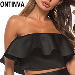 Dégagement D'été Tops Courts Débardeur pour Femmes Hors Épaule Dos Nu avec Fermeture Éclair Sexy Sans Bretelles Noir À Volants Tube Top Chemises Blusa 210527