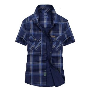 Dégagement Chemise d'été hommes chemises décontractées Plaid pur coton ample militaire grande taille M-5xl Chemise Homme 240131