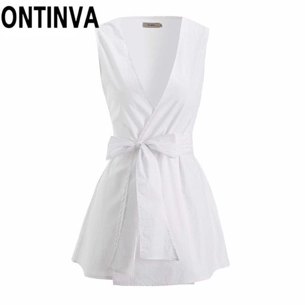 Dégagement Femmes Chemisier Blanc Sans Manches Avec Ceintures Col En V Femme Peplum Tops Chemise Blusas Plus La Taille 3XL Bureau Dames Chemises 210527