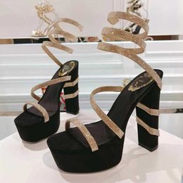 Cleo Black and Gold Platform Sandal 13cm Cleo Crystal Crystal Square Toes Toes Chaussures de soirs chunky
