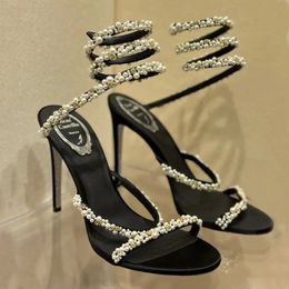 Cleo Crystals Sandales Stiletto Décoratives 95mm Perle Strass Décorer Chaussures Bague Noir Robe De Soirée Rouge Femmes Talons Hauts Chaussure D'usine De Créateur De Luxe
