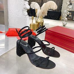 Cleo Crystals Sandales à talons chunky embellies 75mm Strass noir Chaussures de soirée femmes à talons hauts Designers de luxe Wraparound Robe Chaussures d'usine de chaussures