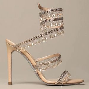 Nude Cleo Crystal Lamp Ornement Talons fins sandales 95mm Perle Chaussures de soirée femmes à talons hauts Designers de luxe Robe enveloppante usine de chaussures chaussures