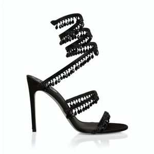 Zwarte kristallen kroonluchter sandalen met hoge hakken 95 mm luxe diamanten serpentijn omwikkelde Romeinse hoge hakken Strass zilveren ontwerper banketjurk schoenen35-43