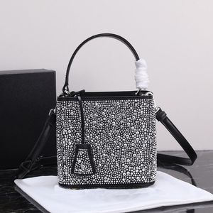 Bolsos de hombro de satén con adornos de cristal de imitación, bolso tipo cubo de diseñador para mujer