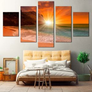 Cléopâtre océan toile peinture mur Art Orange ciel océan plage Multi dinde sable plage lever du soleil 5 pièces décoration murale sans cadre