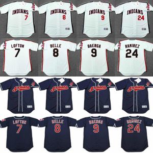 Cleveland 9 CARLOS BAERGA 7 KENNY LOFTON 8 ALBERT BELLE 24 MANNY RAMIREZ 25 JIM THOME maillot de baseball cousu 01