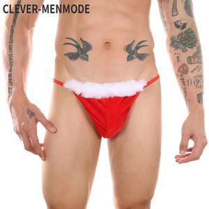 CLEVER-MENMODE Hommes Costume De Noël String G String Sexy Sous-Vêtements Érotiques Père Noël Fluff Lingerie Slip Culotte 231226