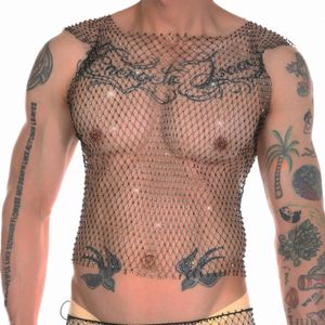 Clever-menmode Hommes Résille Sexy Débardeurs Rhineste Brillant See-Through Gilet Creux Mesh Sleevel T-Shirt Vêtements Transparents A5Ep #