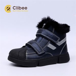 Clibee Boys Girls Warm Winter Snow Boots met veilige teen-cap Kinderen plat comfort Mid-kalf laarzen met haakloop en wollen vacht Linning LJ201201