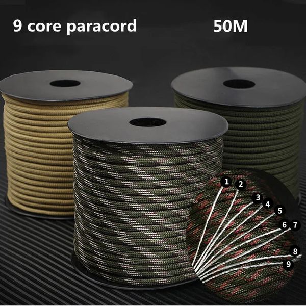 Cordes d'escalade 50 m 650 paracorde militaire 9 brins 4mm corde de Parachute tactique accessoires de Camping bricolage corde de tissage équipement de survie en plein air 231012