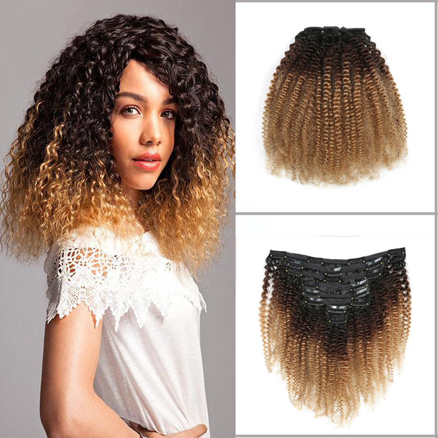 Klipp Curly Hair Extension Clip i Afro Kinky Curly Hair 3 Tone Ombre Hair 1B / 4/27 120G / PC Fabrikspris Partihandel