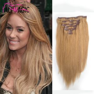 Clip Curly Hair Extensions Clip in Real Menselijk Hair Extensions Rechte lichtbruin (# 6) 7 stuks 100 gram / 2.82oz 20 kleuren optioneel