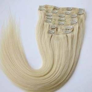 Extensions de cheveux brésiliens naturels lisses à clips, 20 à 22 pouces, 60 #/blond platine, 260g, 7 pièces/ensemble
