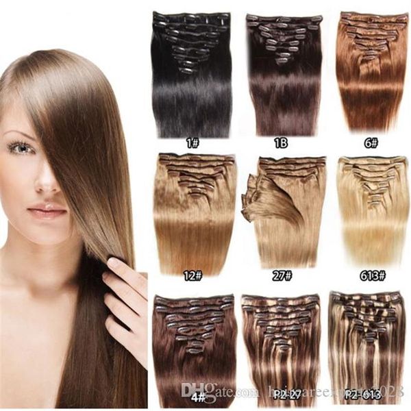 Clip dans les Extensions de Cheveux Brun Chocolat Blond Clair #4 27 Couleur 8pcs 120g 14 pouces-24 pouces Remy Extensions de Cheveux Humains Clip dans Strai2479