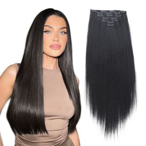 Extensiones de cabello con Clip, extensiones de cabello largo sintético con Clip, 7 unidades/juego de postizos sintéticos Rubio degradado marrón y grueso