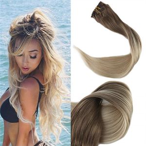 Clip In Hair Extensions Ombre Kleur #8 Lichtbruin Vervagen Naar #60 Platina Blond 120g 7 stks Set Echte Clips Op Haar Weft273r