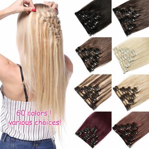 Extensions de cheveux naturels Remy à clips, trame de cheveux humains, tête complète, 8 pièces, épais, noir naturel, brun, blond, 14 à 26 pouces