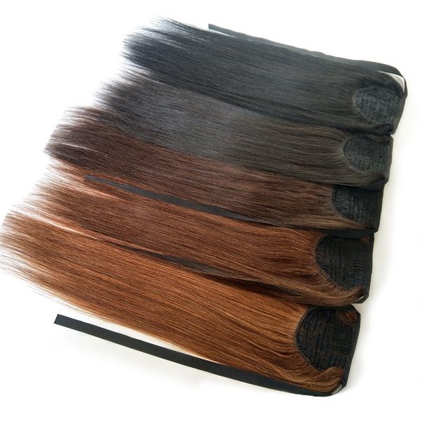 Extensiones de cabello con clip para cola de caballo, color marrón medio, 3.53 oz, cabello humano virgen liso, extensiones de cabello con clip para mujeres de 14 a 26 pulgadas