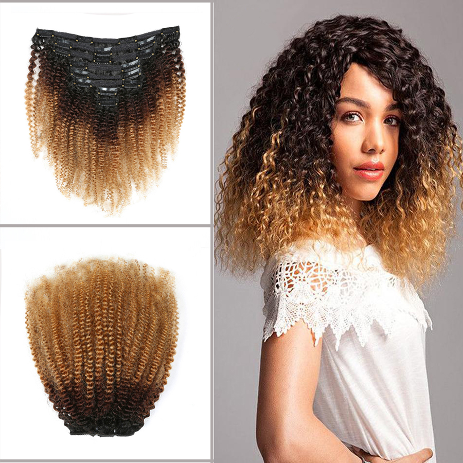 Clip In Human Hair Extension Wave Curly Clip In Remy Ombre Kinky Curly Hair 1b / 4/27 Färg 8-20inch 120g / Pack