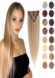 Extensions de cheveux naturels Remy à clips, cheveux lisses, tête complète, reflets blonds, 14, 18, 22 pouces, 8 pièces, fabriqués à la Machine, 8666376
